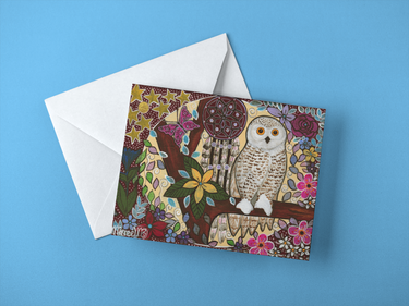 Snowy Owl Dreaming with Butterfly & flower medicine with Dreamcatcher A6 Greeting Card Single by Mirree